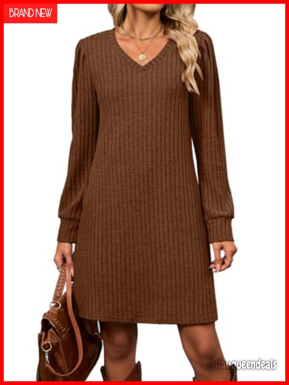 Long Sleeve Ribbed Knit Tunic Sweater Dress with Pockets